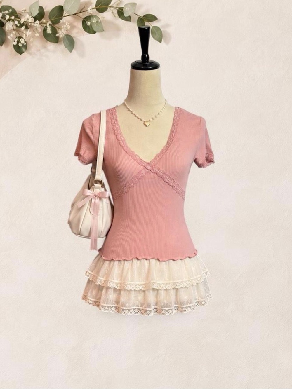 No Boundaries Dusty Pink Lace Wrap Style Ribbed Top XS Coquette
